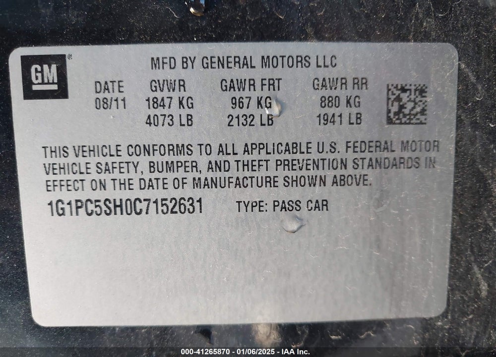 2012 CHEVROLET CRUZE LS VIN: 1G1PC5SH0C7152631