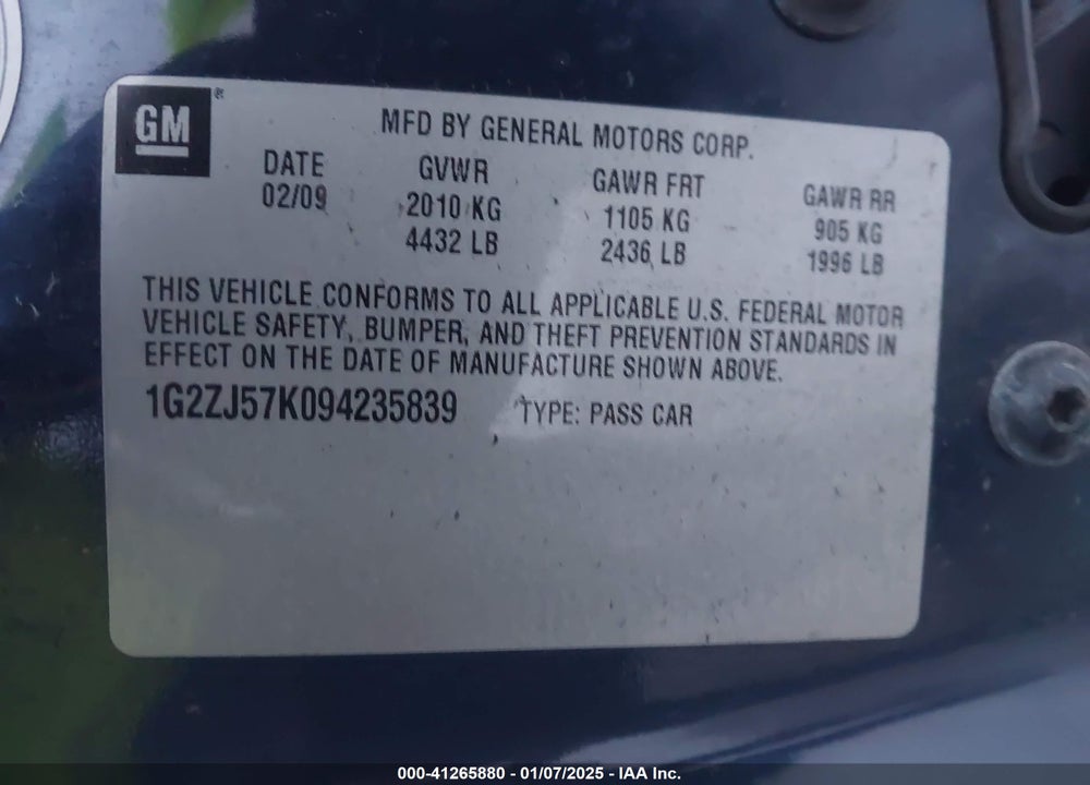 2009 PONTIAC G6 VIN: 1G2ZJ57K094235839