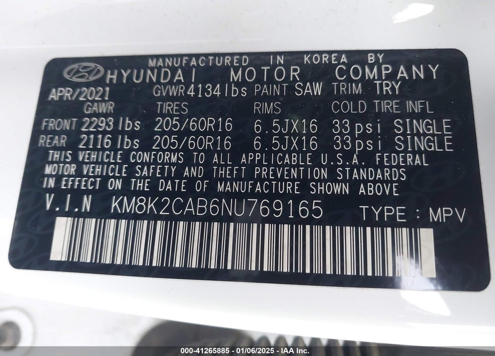 2022 HYUNDAI KONA SE VIN: KM8K2CAB6NU769165