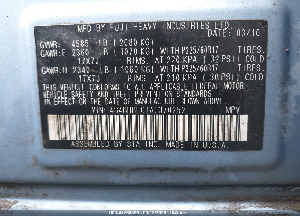 2010 SUBARU OUTBACK 2.5I PREMIUM VIN: 4S4BRBFC1A3370252