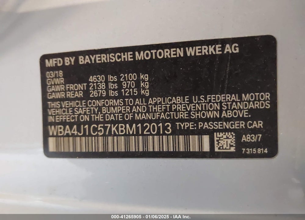 2019 BMW 430I GRAN COUPE VIN: WBA4J1C57KBM12013