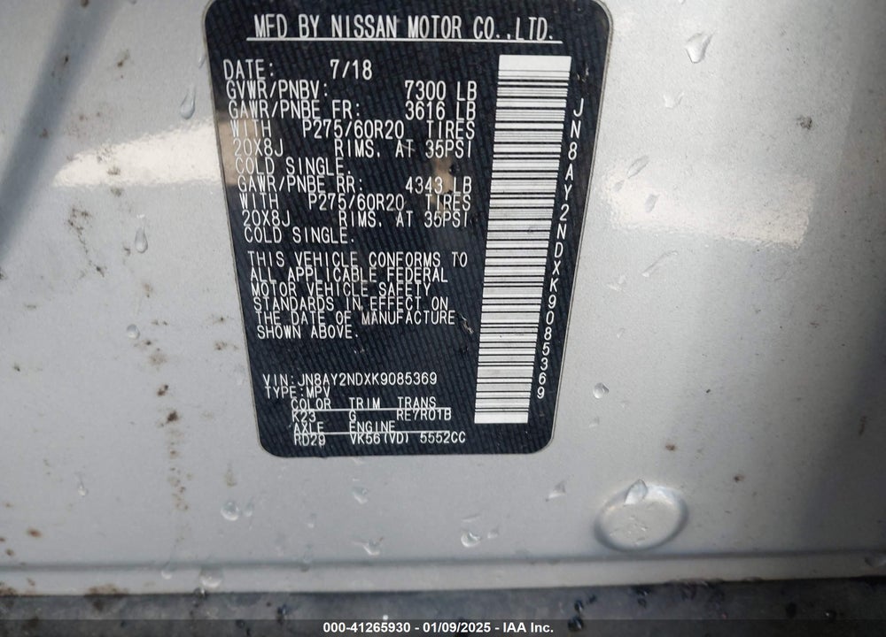 2019 NISSAN ARMADA SL VIN: JN8AY2NDXK9085369