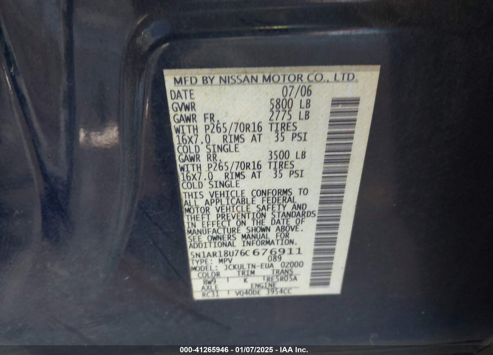 2006 NISSAN PATHFINDER LE/SE/XE VIN: 5N1AR18U76C676911