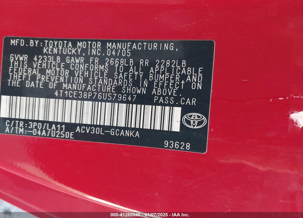 2006 TOYOTA CAMRY SOLARA SE/SLE VIN: 4T1CE38P76U579647
