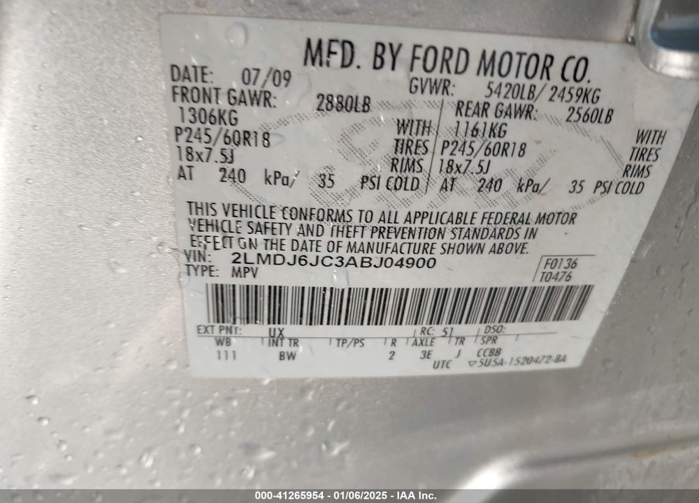 2010 LINCOLN MKX VIN: 2LMDJ6JC3ABJ04900