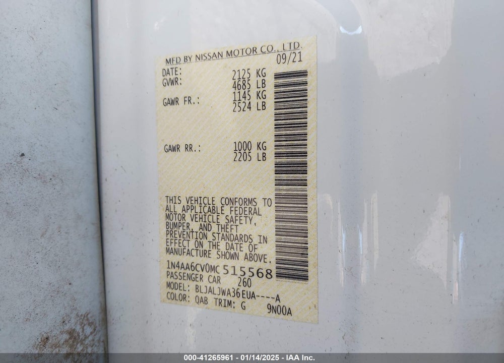 2021 NISSAN MAXIMA VIN: 1N4AA6CV0MC515568