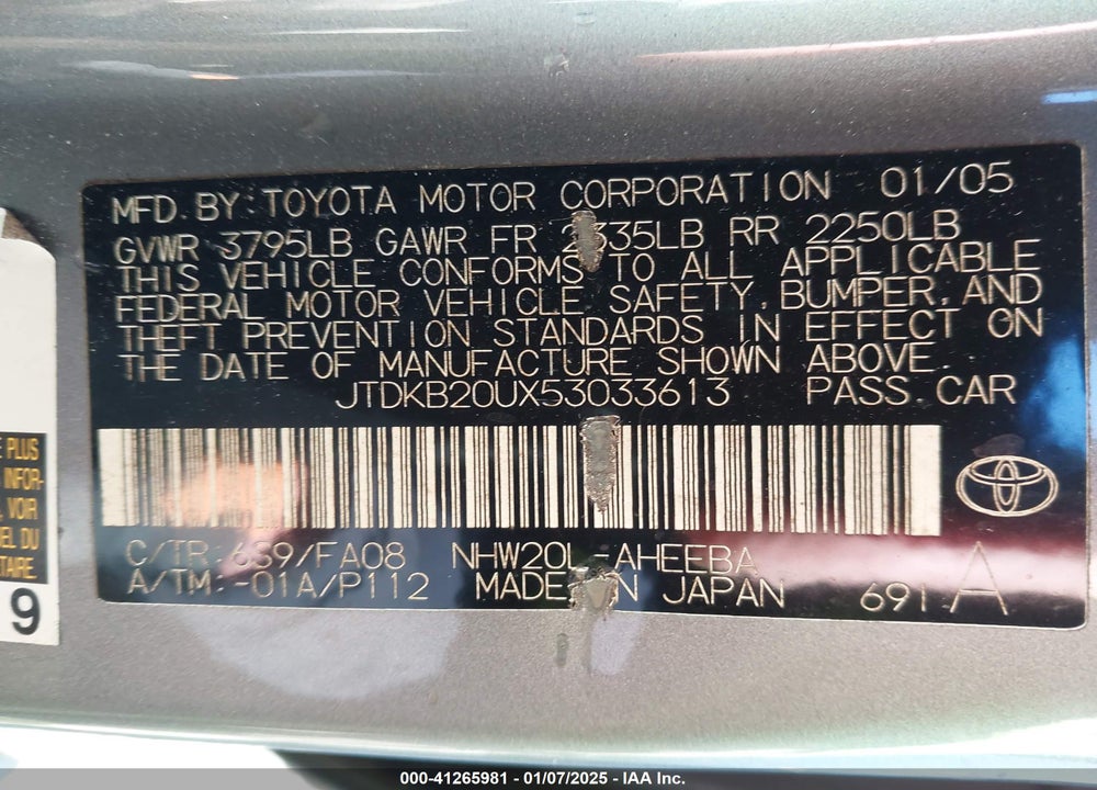 2005 TOYOTA PRIUS VIN: JTDKB20UX53033613