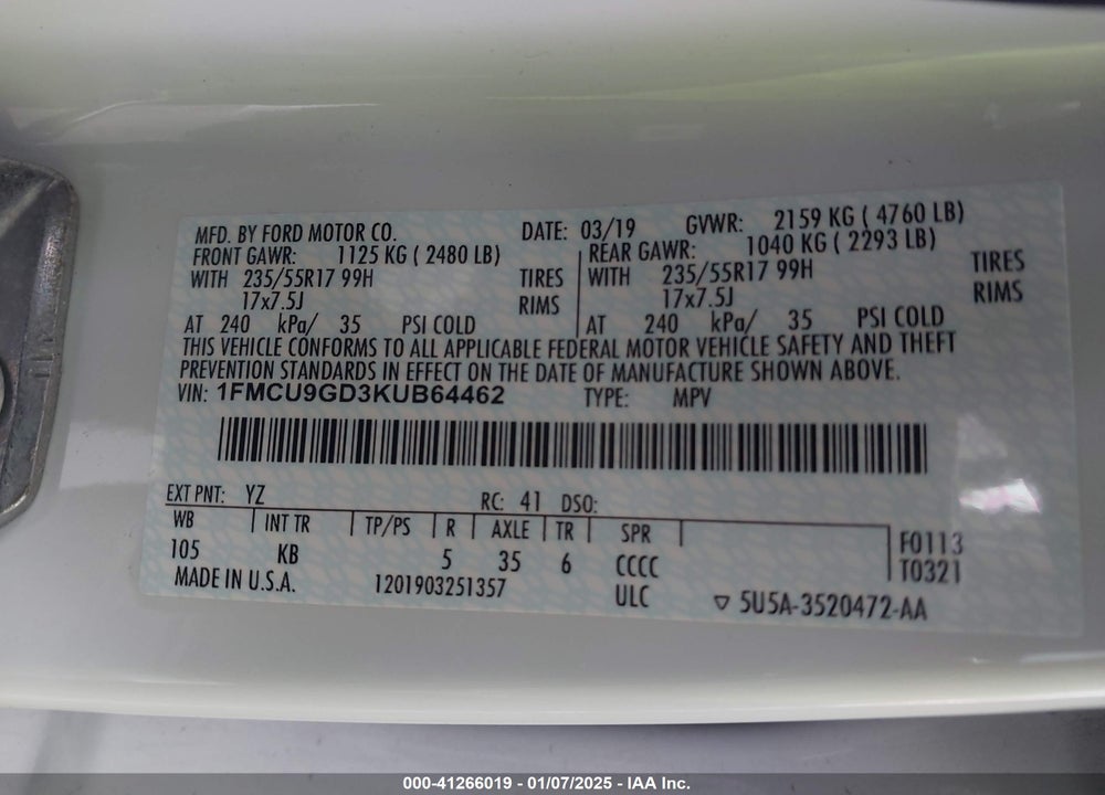 2019 FORD ESCAPE SE VIN: 1FMCU9GD3KUB64462