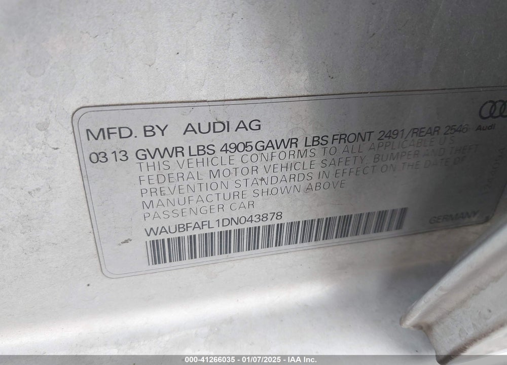 2013 AUDI A4 VIN: WAUBFAFL1DN043878