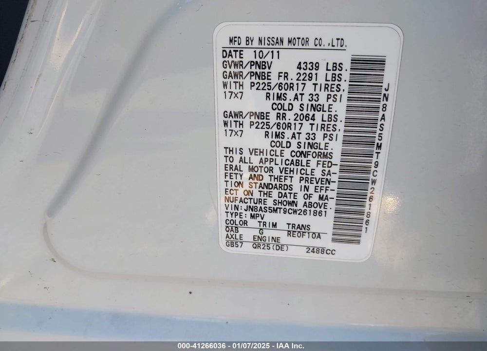2012 NISSAN ROGUE SV VIN: JN8AS5MT9CW261861