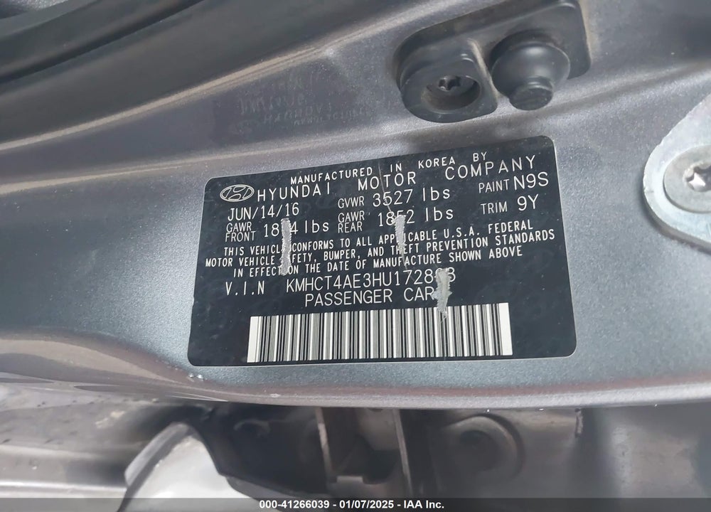 2017 HYUNDAI ACCENT VIN: KMHCT4AE3HU172898