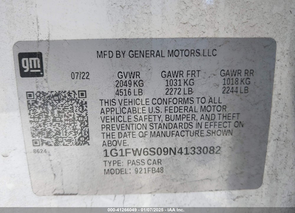 2022 CHEVROLET BOLT EV FWD 1LT VIN: 1G1FW6S09N4133082