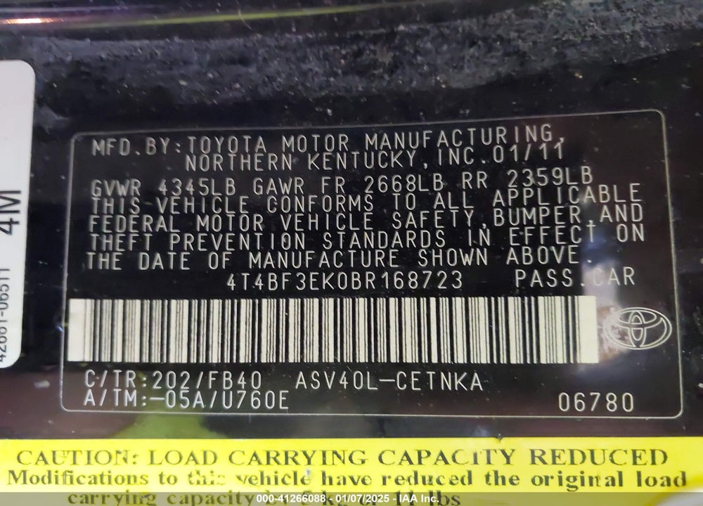 2011 TOYOTA CAMRY VIN: 4T4BF3EK0BR168723