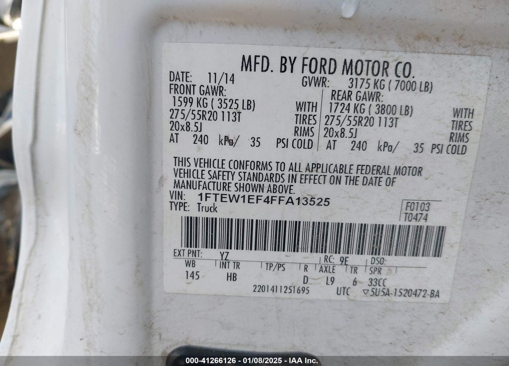 2015 FORD F-150 VIN: 1FTEW1EF4FFA13525