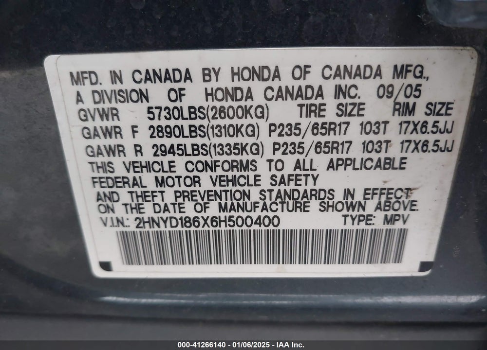 2006 ACURA MDX VIN: 2HNYD186X6H500400