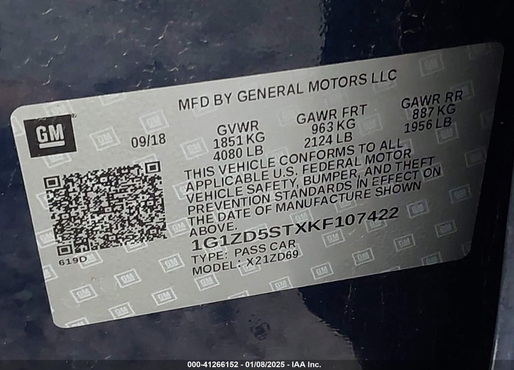 2019 CHEVROLET MALIBU LT VIN: 1G1ZD5STXKF107422