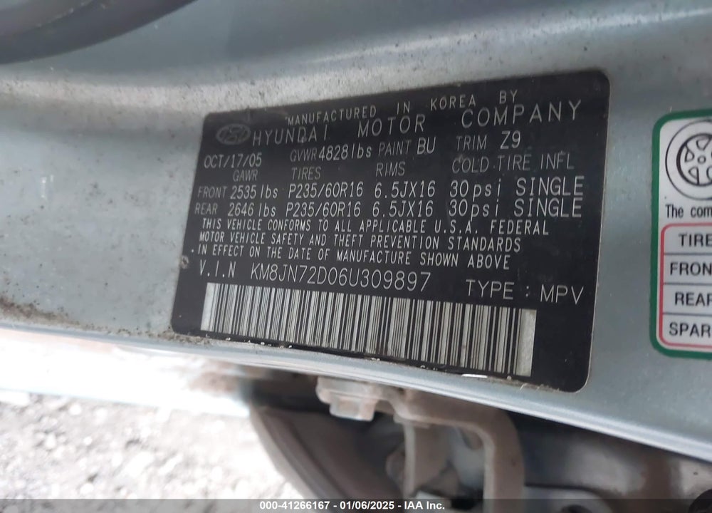 2006 HYUNDAI TUCSON GLS/LIMITED VIN: KM8JN72D06U309897