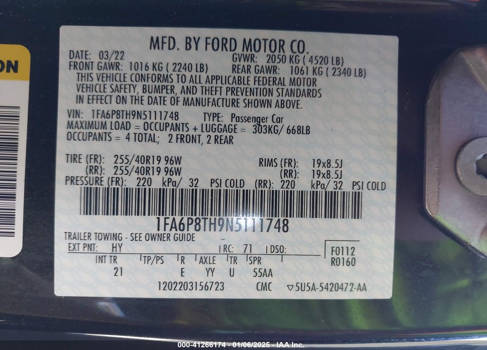 2022 FORD MUSTANG VIN: 1FA6P8TH9N5111748