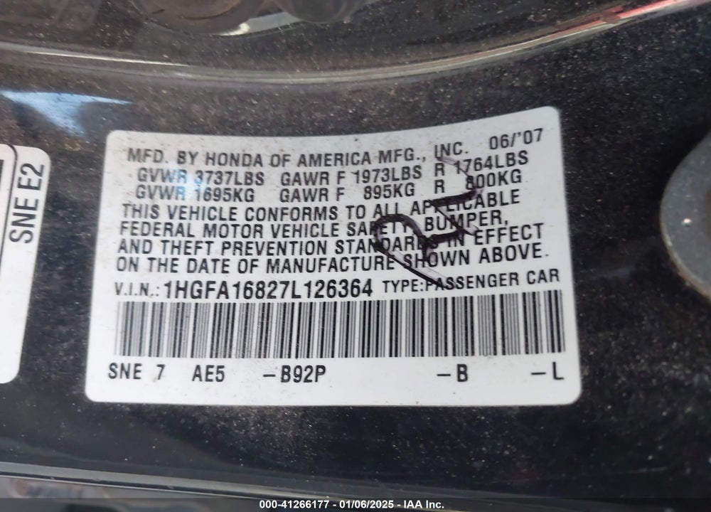 2007 HONDA CIVIC EX VIN: 1HGFA16827L126364