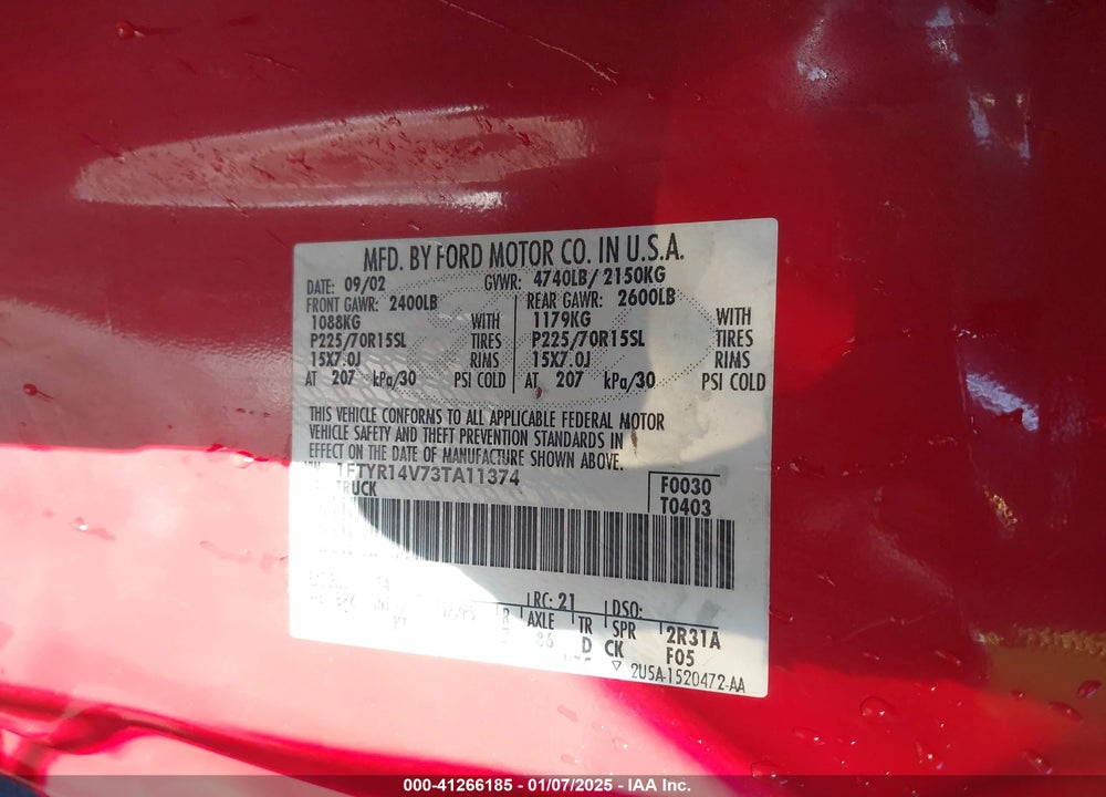 2003 FORD RANGER EDGE/TREMOR/XL/XLT VIN: 1FTYR14V73TA11374