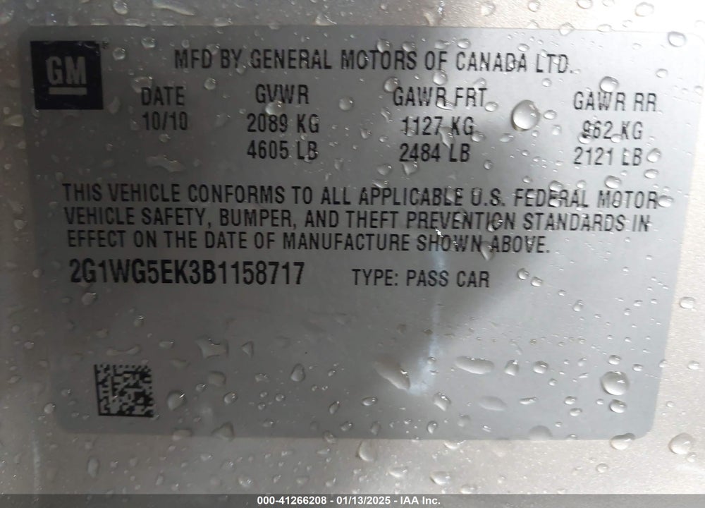 2011 CHEVROLET IMPALA LT VIN: 2G1WG5EK3B1158717