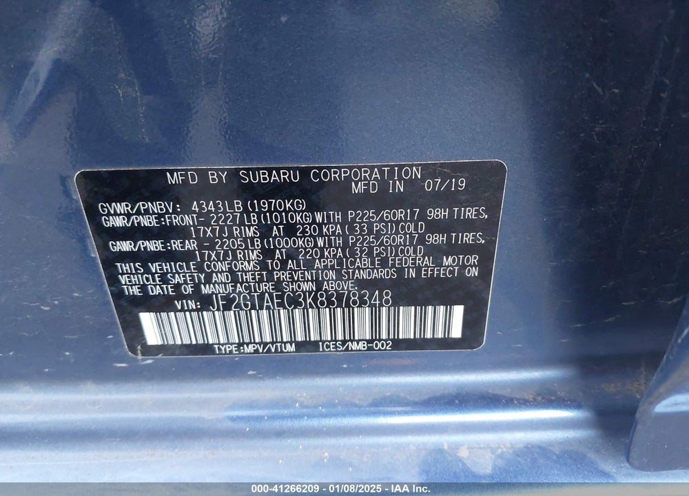 2019 SUBARU CROSSTREK 2.0I PREMIUM VIN: JF2GTAEC3K8378348