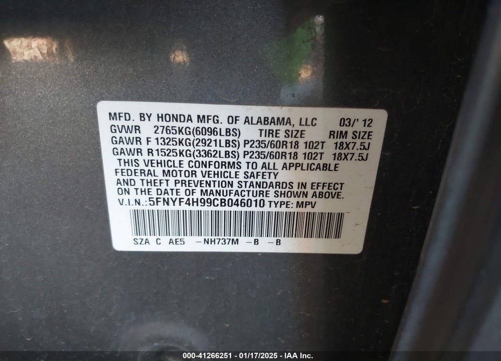 2012 HONDA PILOT TOURING VIN: 5FNYF4H99CB046010