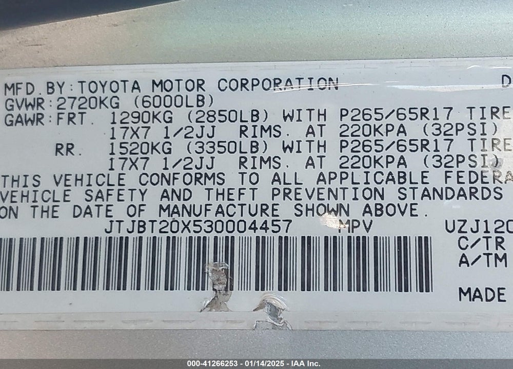 2003 LEXUS GX 470 VIN: JTJBT20X530004457
