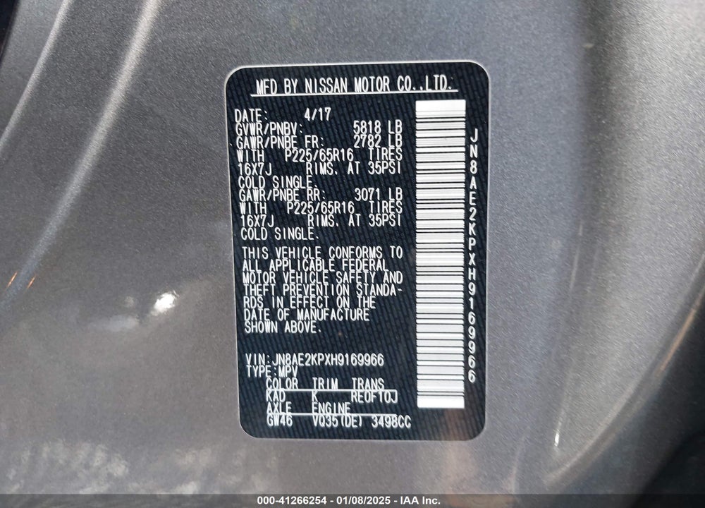 2017 NISSAN QUEST VIN: JN8AE2KPXH9169966