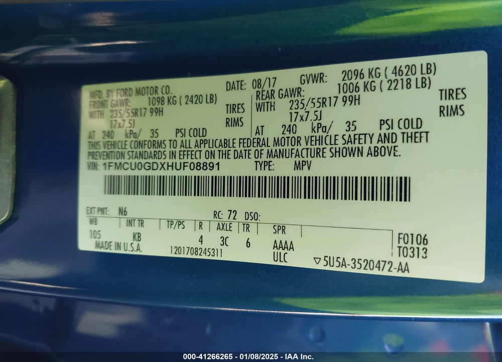 2017 FORD ESCAPE SE VIN: 1FMCU0GDXHUF08891