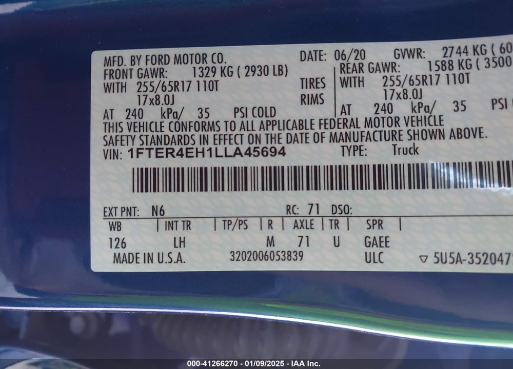 2020 FORD RANGER XLT VIN: 1FTER4EH1LLA45694