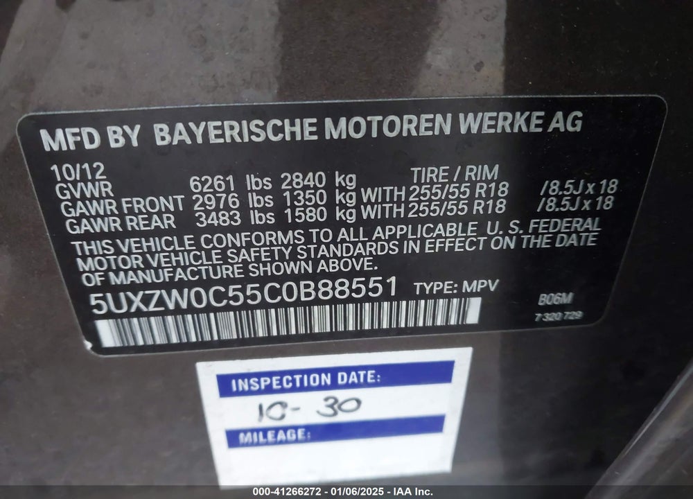 2012 BMW X5 XDRIVE35D VIN: 5UXZW0C55C0B88551