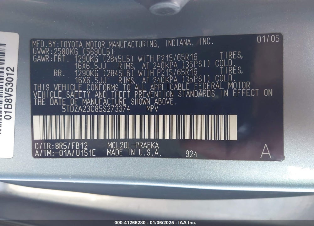 2005 TOYOTA SIENNA LE VIN: 5TDZA23C85S273374