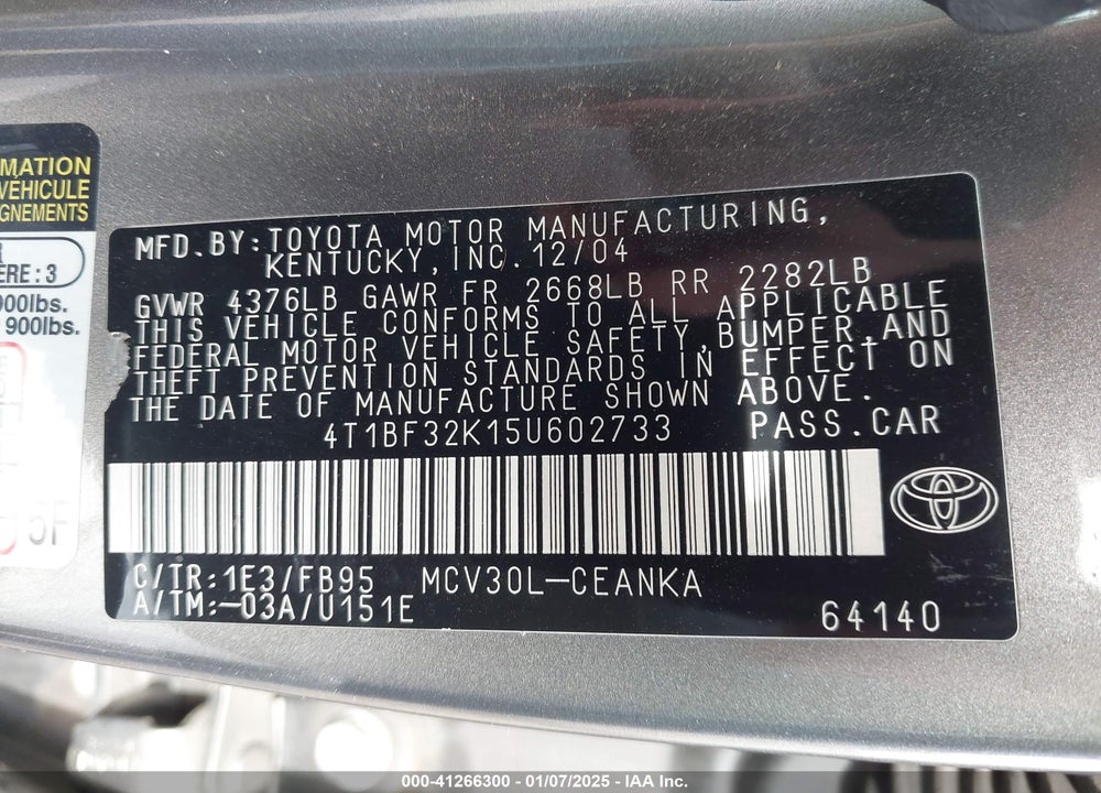 2005 TOYOTA CAMRY LE V6 VIN: 4T1BF32K15U602733