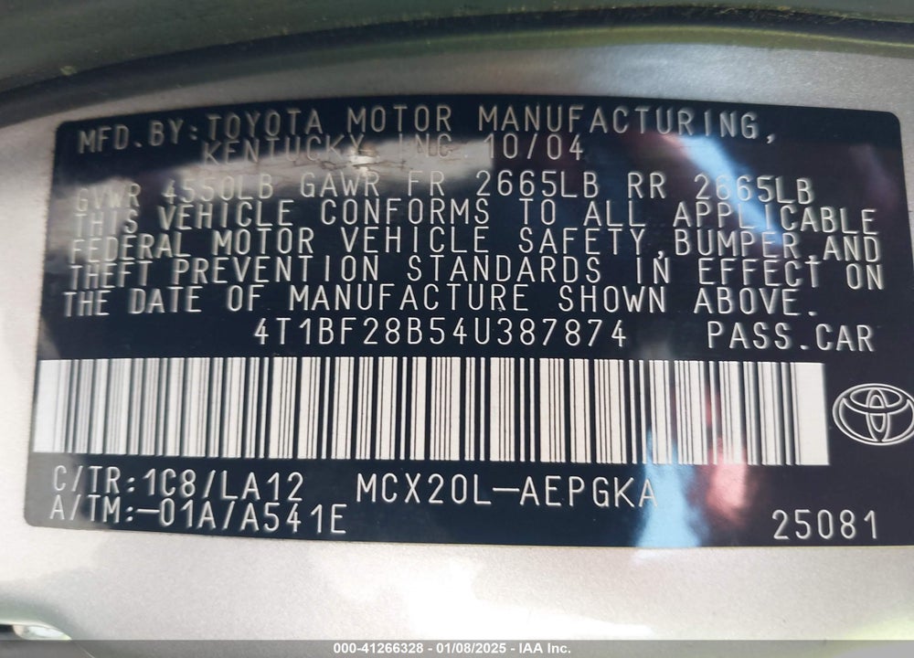 2004 TOYOTA AVALON XLS VIN: 4T1BF28B54U387874