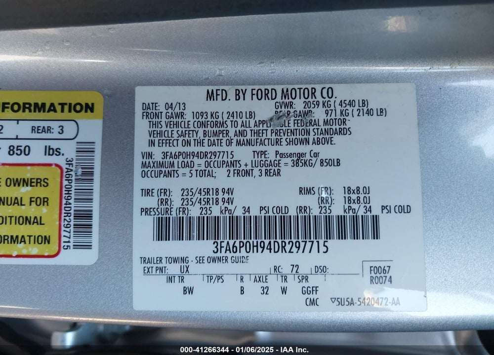 2013 FORD FUSION SE VIN: 3FA6P0H94DR297715