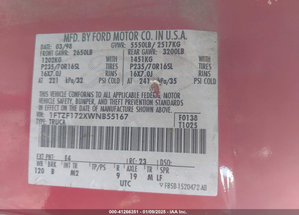 1998 FORD F-150 VIN: 1FTZF172XWNB55167