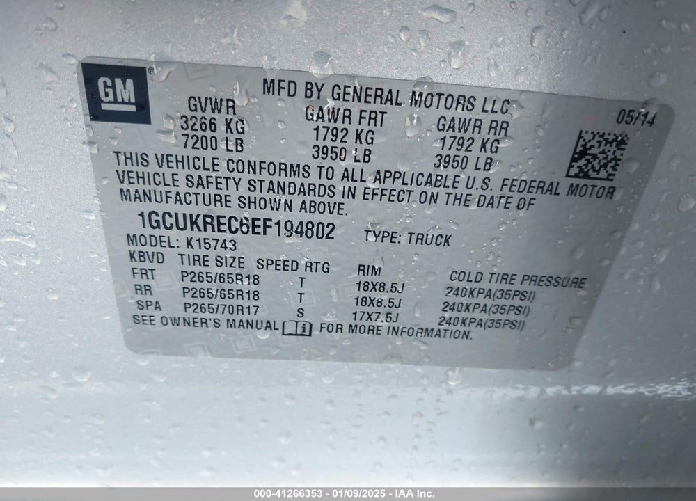 2014 CHEVROLET SILVERADO VIN: 1GCUKREC6EF194802