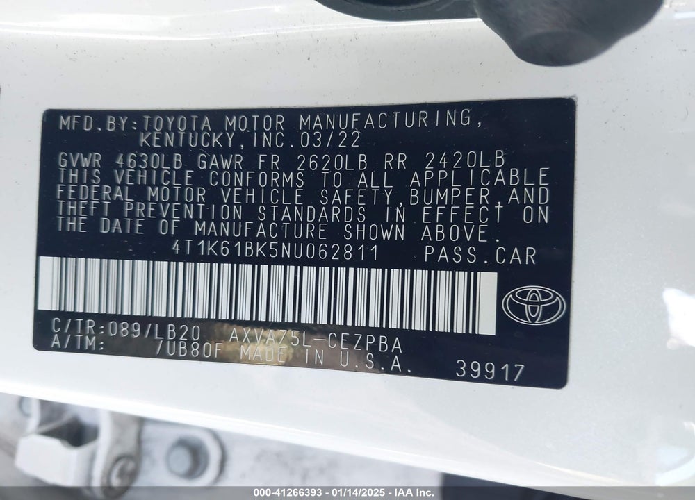 2022 TOYOTA CAMRY VIN: 4T1K61BK5NU062811