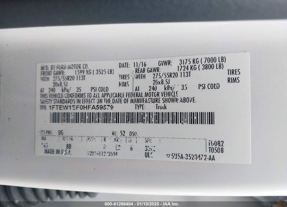 2017 FORD F-150 VIN: 1FTEW1EF0HFA59579