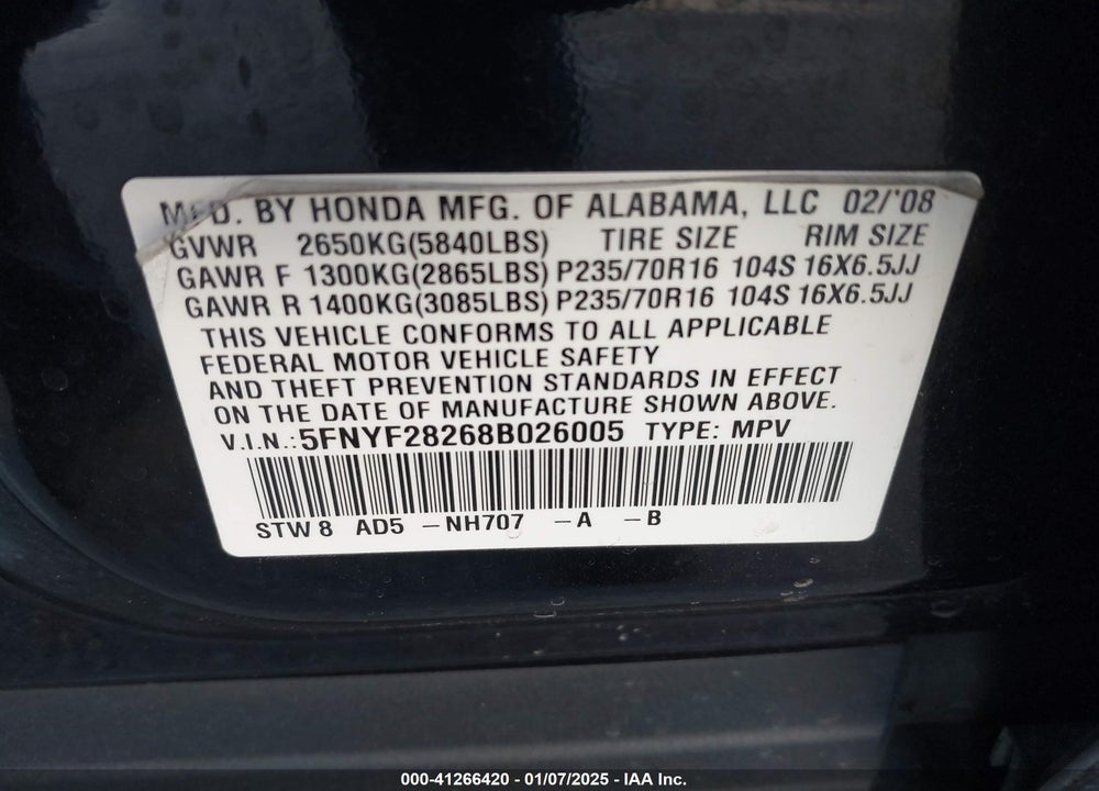 2008 HONDA PILOT VP VIN: 5FNYF28268B026005
