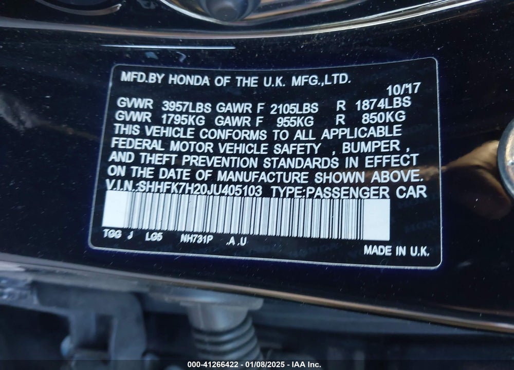 2018 HONDA CIVIC LX VIN: SHHFK7H20JU405103