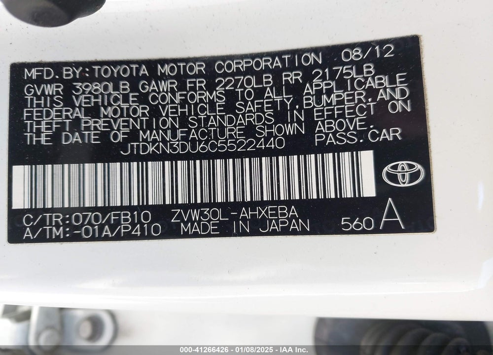 2012 TOYOTA PRIUS TWO VIN: JTDKN3DU6C5522440