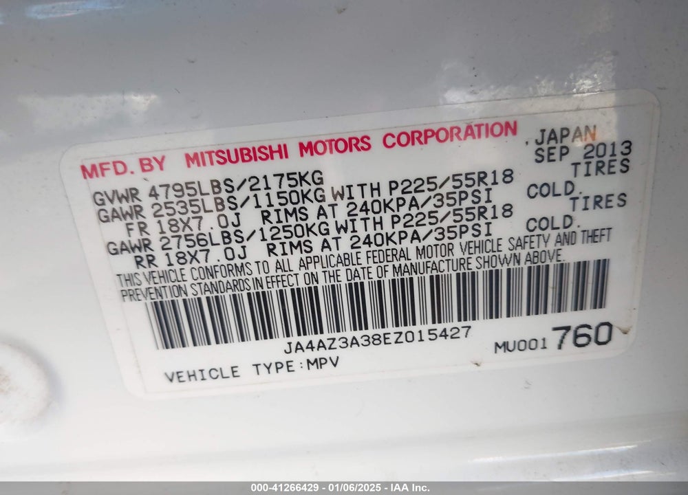 2014 MITSUBISHI OUTLANDER SE VIN: JA4AZ3A38EZ015427