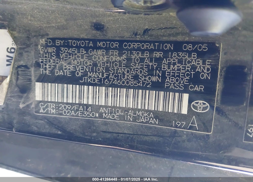 2006 TOYOTA SCION TC VIN: JTKDE167460085472