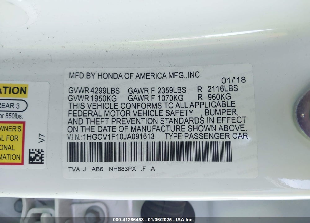 2018 HONDA ACCORD VIN: 1HGCV1F10JA091613