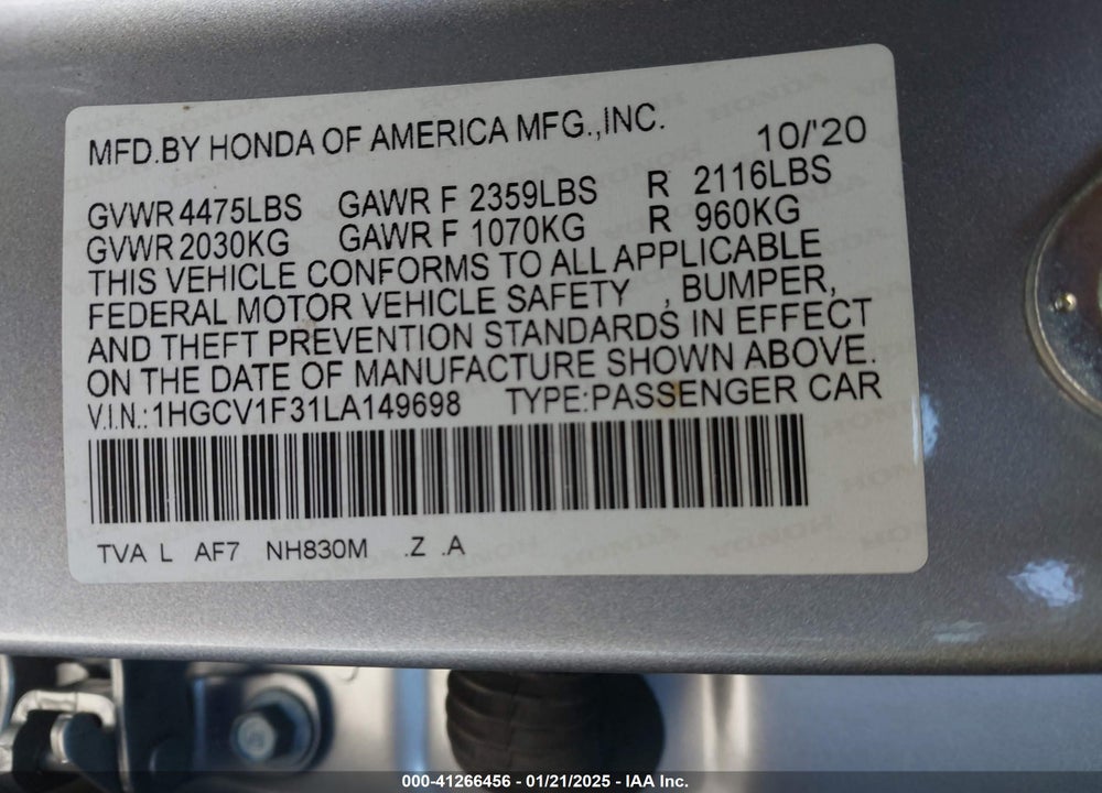 2020 HONDA ACCORD VIN: 1HGCV1F31LA149698