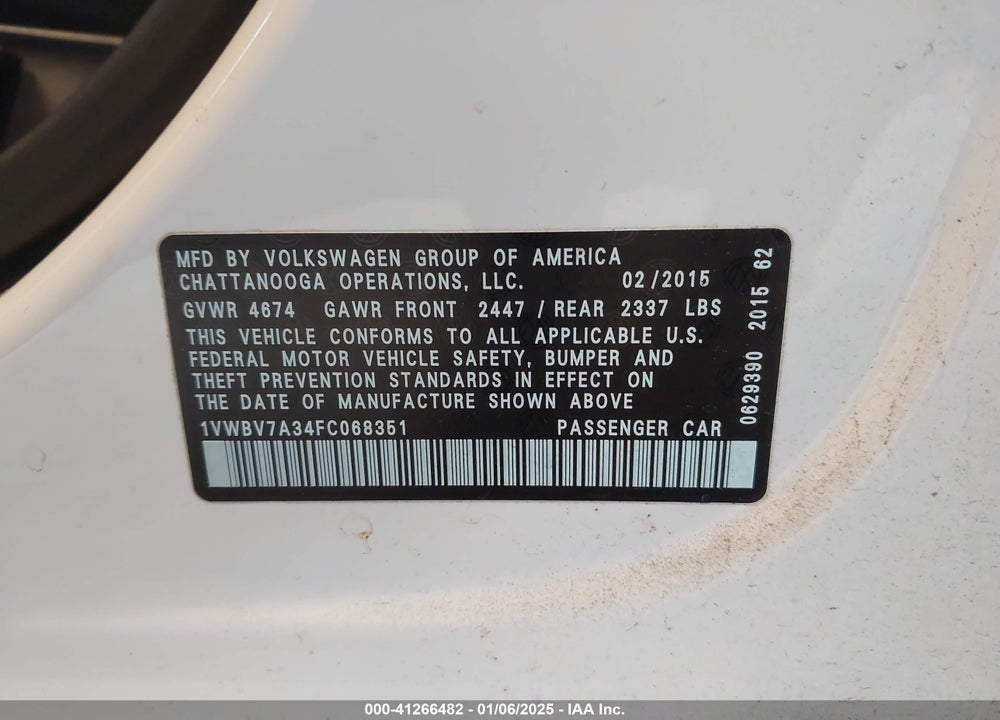 2015 VOLKSWAGEN PASSAT 2.0L TDI SE VIN: 1VWBV7A34FC068351