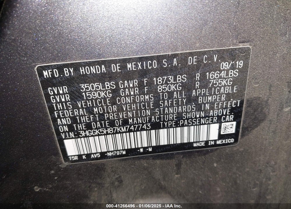 2019 HONDA FIT VIN: 3HGGK5H87KM747743