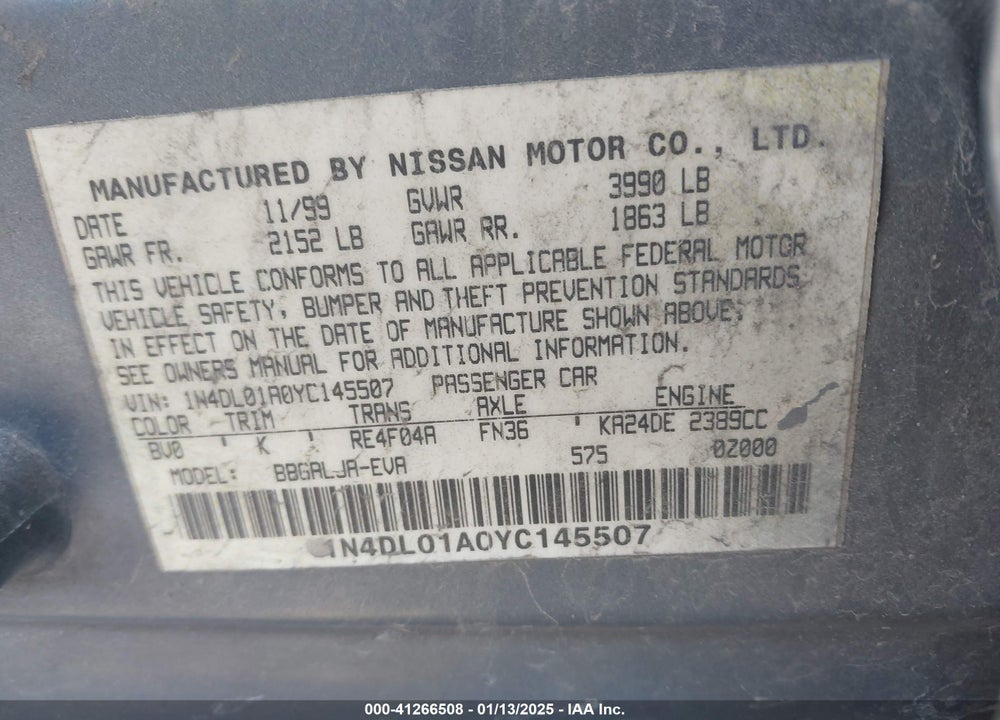 2000 NISSAN ALTIMA GLE/GXE/SE VIN: 1N4DL01A0YC145507